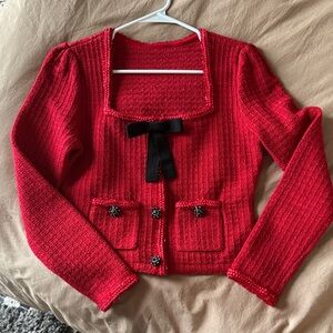 Chic Red Cardigan with Black Bow